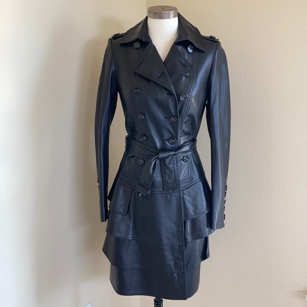 Black leather Burberry trenchcoat with ruffles